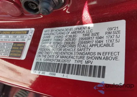 2021 Honda Cr-V Awd Special Edition from USA, damaged, VIN 5J6RW2H73ML026707